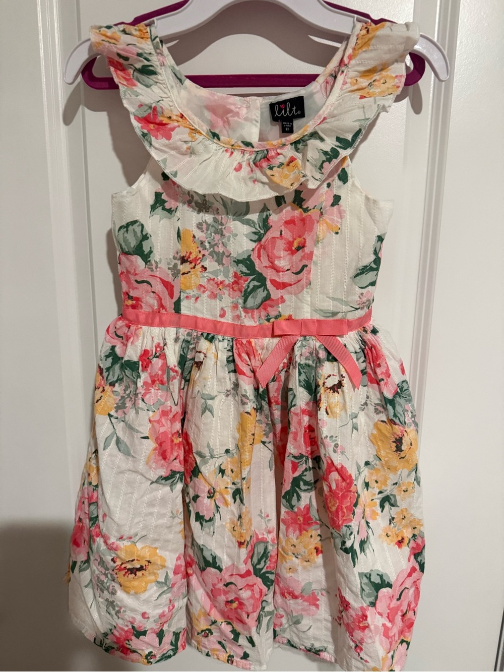 lilt Cream Floral Ruffle Dress with Pink Bow